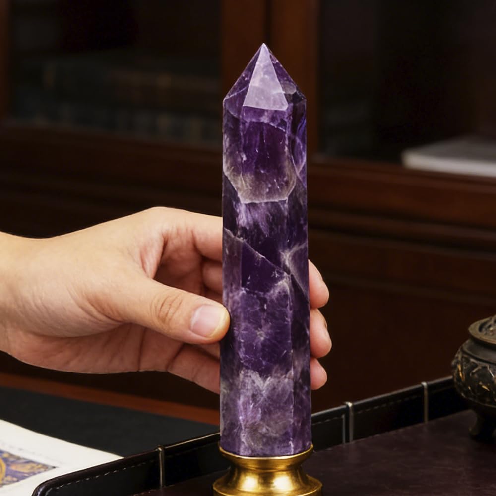 Natural Amethyst Crystal Point - 5.8-6.2 inch Amethyst Wand with Iridescent Rainbow Flash Stone for Energy Protection, Spiritual Awakening & Decoration - (Amethyst /5.8-6.2 inch 2pcs)