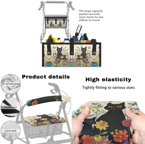 LedBack 3 Pcs Sets Universal Fit Walker Seat Cover Rollator Walker Seat & Backrest Covers, Black Cat Flowers Rollator Storage Under Seat Bag, Easy to Install