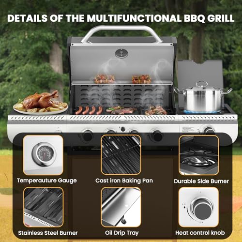 Electactic G41 Gas Grill,4-Burner Gas BBQ Grill with Side Burner, Porcelain-Enameled Grills, 42,000 BTU Stainless Steel Propane Grill for Outdoor Cooking and Patio Barbecues
