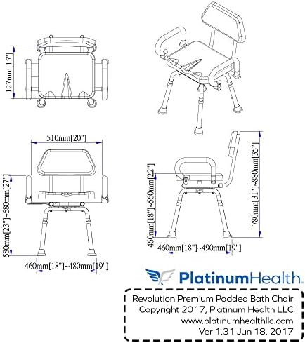 Platinum Health Revolution Pivoting Shower Chair for Bathtub, Adjustable Swivel Seat with Padded Back and Arms, Adjustable Space Saving Design for Tubs, Shower, for Elderly, Handicap & Seniors, Gray