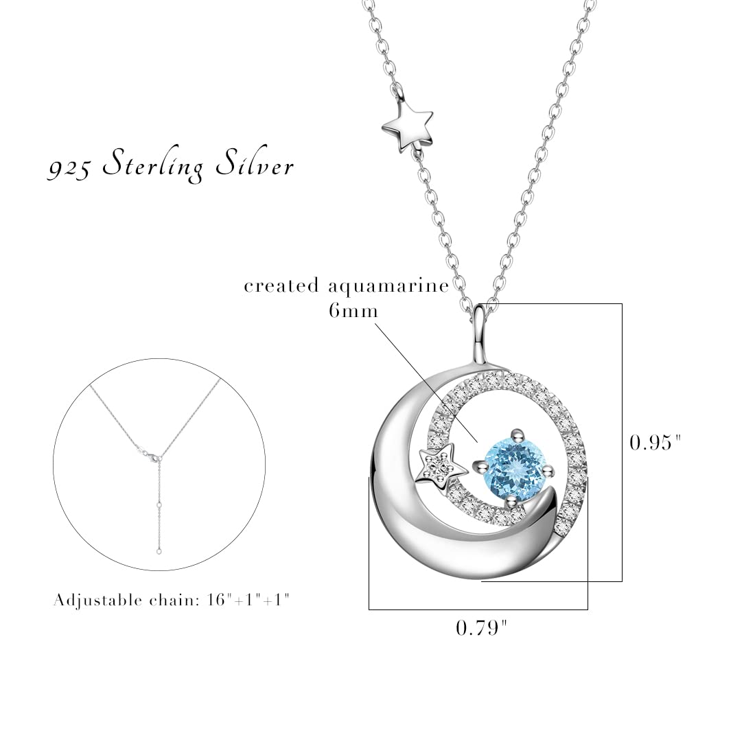 FANCIME Aquamarine Necklace March Birthstone Moon Star Pendant 925 Sterling Silver Blue Fine Jewelry Birthday Anniversary Mothers Day Gifts for Women Mom Daughter, Adjustable Chain 16+2"
