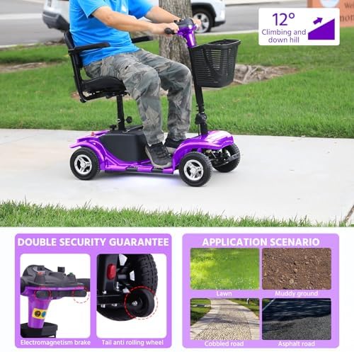 Mobility Scooter for Seniors, Adults, 4 Wheels Removable Electric Powered Chargeable Device, Foldable and Portable, with LED Headlights and Basket, Charger Include (Purple/Black)