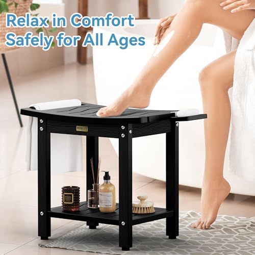 YEFU Shower Chair for Inside Shower: 21" Oversized Non-Slip Waterproof No Maintenance 500LBS Weight Capacity - Shower Bench/Stool with Shelf Handle for Bathroom/Outdoor - Easy Assemble for Adult/Black