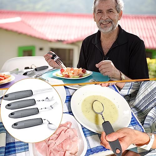 Weighted Utensils for Hand Tremors, Weighted Silverware for Parkinsons Patients Arthritic Hands, Built Up Utensils for Adults, Adaptive Eating Utensils (Grey-Bendable Utensils)