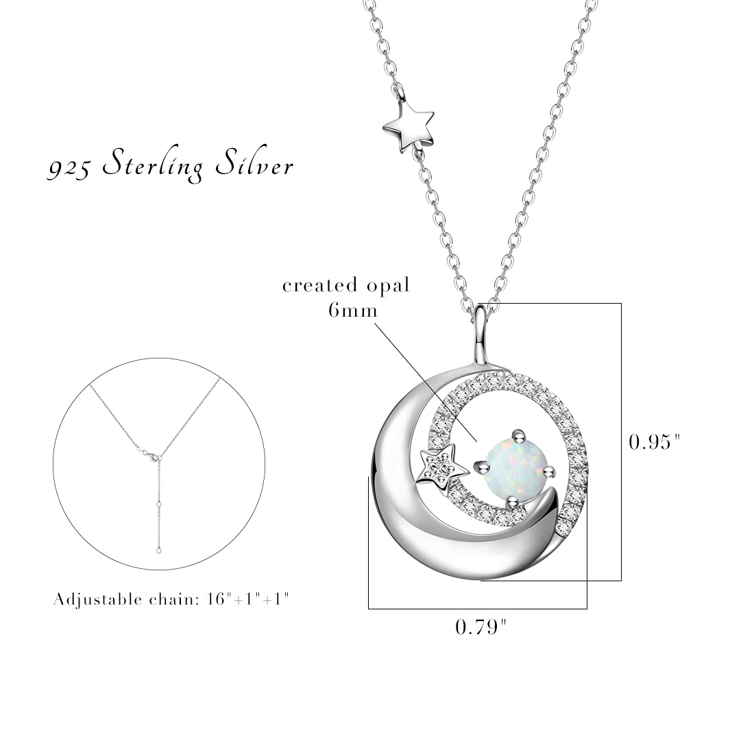FANCIME White Opal Necklace October Birthstone Moon Star Pendant Necklaces Sterling Silver Jewelry Birthday Anniversary Mothers Day Gifts for Women Mom Daughter, Adjustable Chain 16"+2"