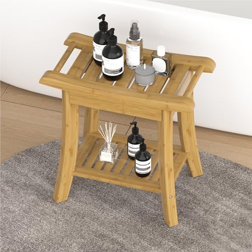 Bamboo Shower Bench Stool with Storage Shelf Small Shower Chair Seat for Inside Shower 19 x 10 x 18 Inches Natural