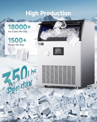 EUHOMY Commercial Ice Maker,350lbs/24H,Stainless Steel Under Counter Ice Machine with Water Filter,44lbs Storage Capacity, 126 Cubes in 8-12 Mins, Freestanding Ice Machine for Home/Bar/Cafe/Restaurant
