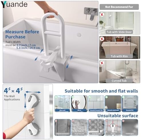 Adjustable Bathtub Safety Rail with Showers Suction Handle,YuanDe 17x6 Inch Stainless Steel Tub Handle Grab Bar, Heavy Duty Bath Handles Clamp for Elderly Seniors Injury Disabled (300 LBS), White