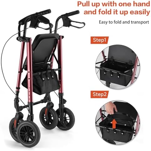 Amblisss Walkers for Seniors with Seat, Foldable Rollator Walker, 300 lbs Weight Capacity, 8" Wheels Dual Height Ajustable, Rolling Walker with Tray for All-Terrain (Red)