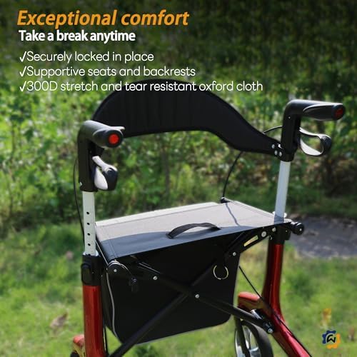 Carbon Ultralight Rollator Walker for Seniors with 2 Organizer Bags, Comes Fully Assembled, Only 13lbs Lightweight Foldable 4 Wheel Walker with Seat and Brakes, 330 lbs Capacity Rolling Walker