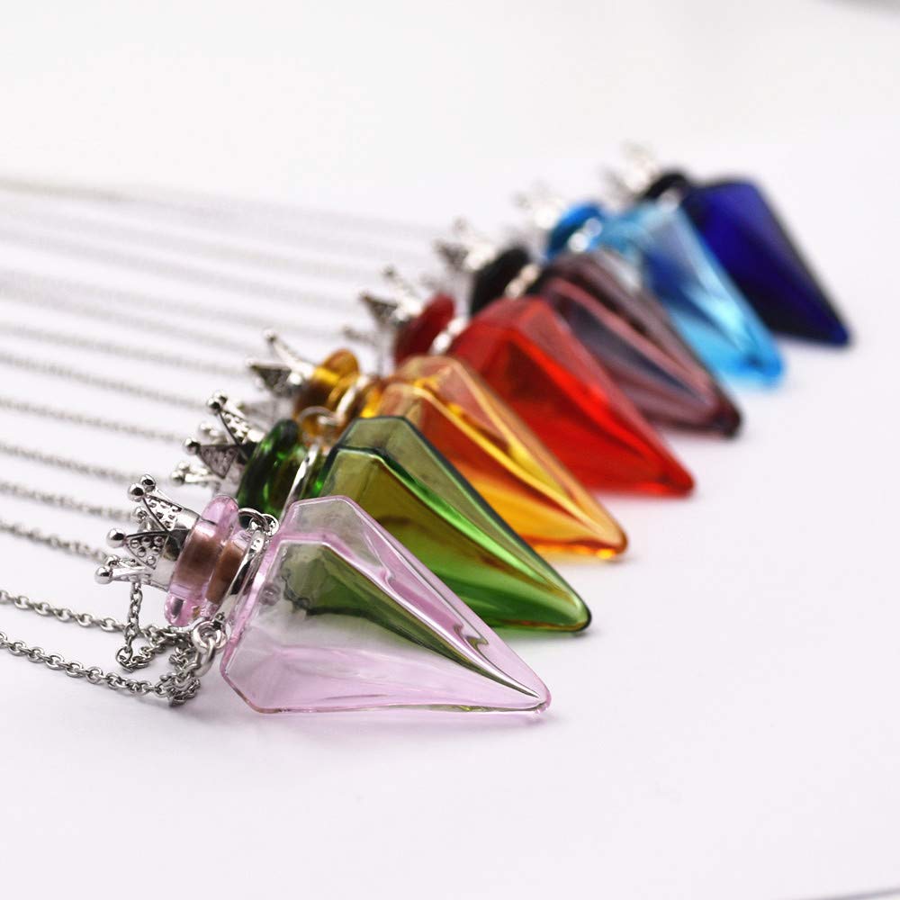 Colored glass Pendant Necklace Aromatherapy Perfume bottle necklace 50cm Stainless steel chain (Red)