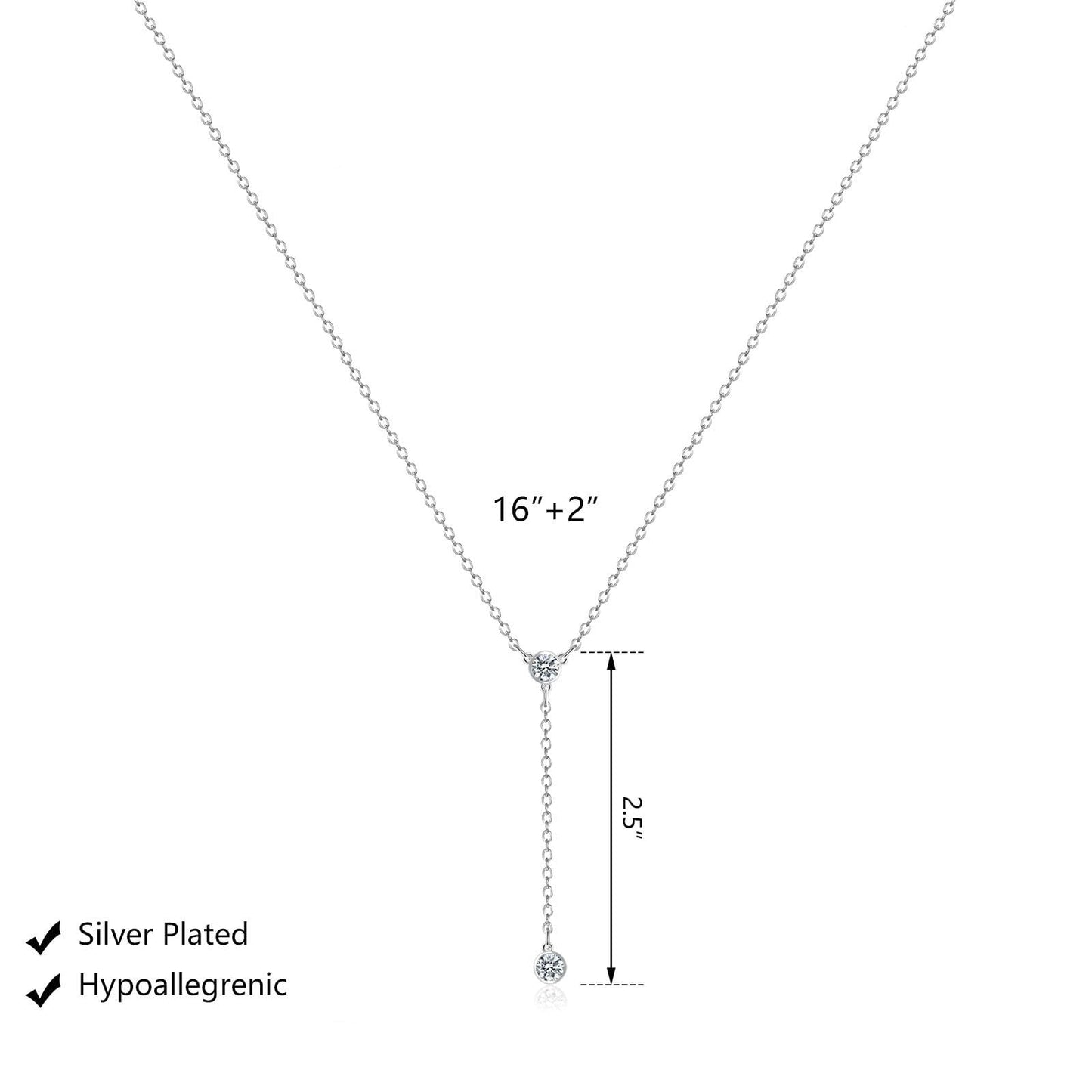 Luxval Lariat Silver Necklace for Women Silver Plated Dainty Long Y Necklaces CZ Pendant Drop Choker Necklace Trendy Simple Silver Jewelry for Women