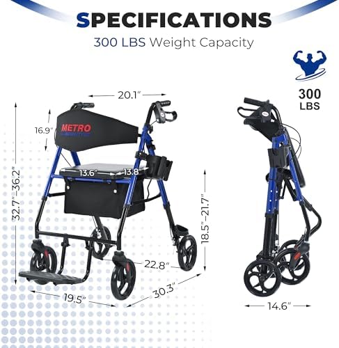Metro Mobility 2 in 1 Rollator Walker & Transport Wheelchair, Foldable Lightweight Rollator Walker with Seat for Seniors, 8" Big Wheels for All Terrain, 300 lb. Weight Capacity, Blue