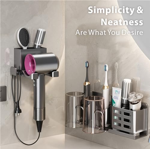 Hair Dryer Holder Wall Mounted, Bathroom Space-Saving Blow Dryer Organizer, Self Adhesive Magnesium Aluminum Alloy Compatible for Dyson Hair Dryer Wall Mounted