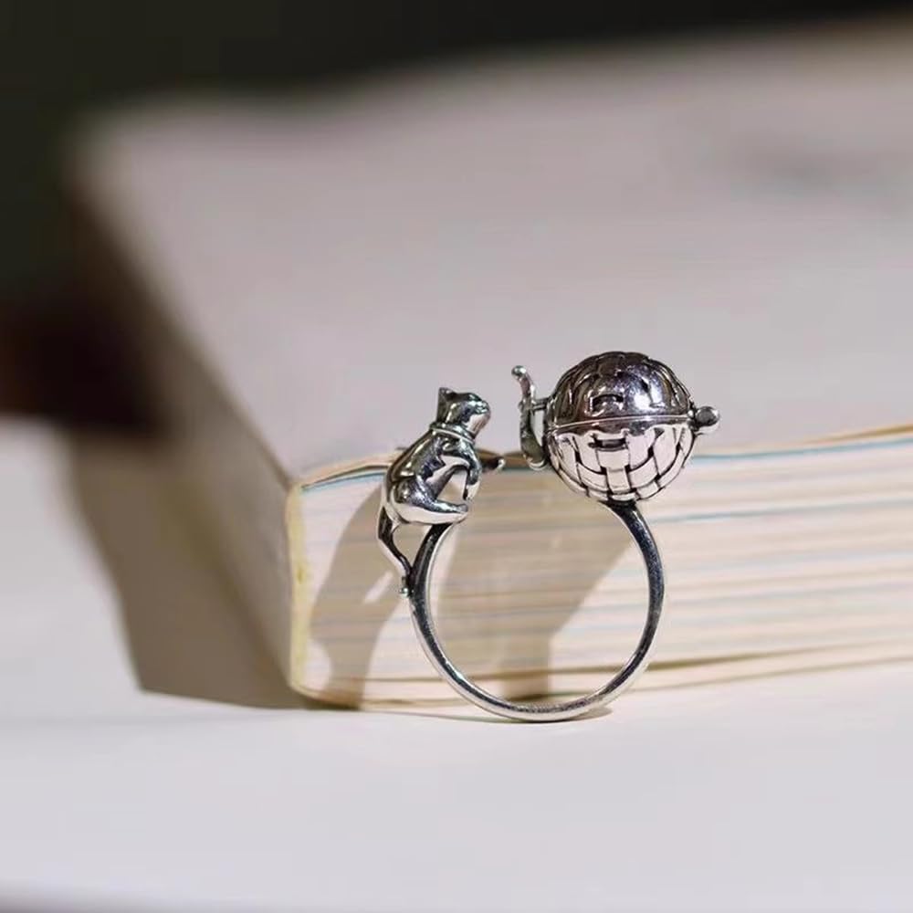OIDIMS Unique Cat Ring Aromatherapy Finger Open Adjustable Ring Cute Naughty Cats Fashion Portable Mini Locket Rings Convenient Accessories Jewelry Birthday Xmas for Women Men Pet Lover