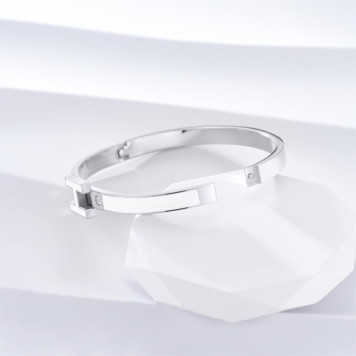 Hothink Gold Bracelets for Women, H Bangle Bracelet, Dainty 18K Gold Plated Stainless Steel Enamel Bracelet for Everyday, Work, Party, Stackable Gift for Mom, Wife, Girlfriend (Silver-White)