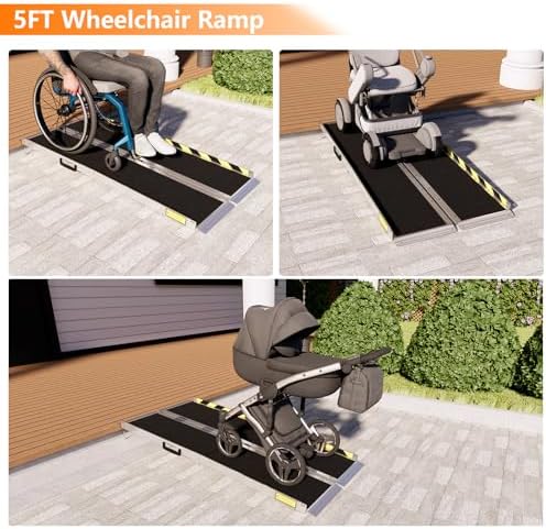 Wheelchair ramp 5FT,Non-Slip Aluminum Wheelchair ramps for Home Steps,Folding Handicap Ramp,ramps for Home,doorways,Stairs,Weight Capacity up to 600LBS 5FT (Usable Height 6-15 inch)