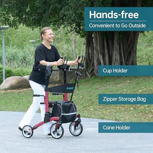 ELENKER Upright Rollator Walker, Stand Up Rolling Walker, Mobility Walking Aid with 10” Front Wheels, Seat and Armrest for Seniors and Adults, Red