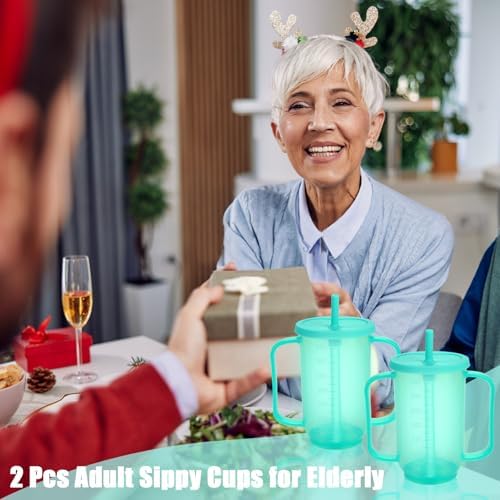 Ysglory Spill Proof Cups for Adults 12 Oz Plastic Elderly Sippy Cup with 2 Handles Straw and Lid Dysphagia Drinking Cups for Adults Hospital Disabled Patients (2)