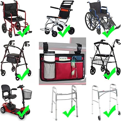 Wheelchair Side Bag, Wheelchair Armrest Storage Pouch with Cup Holder Use of Waterproof Fabric, for Most Wheelchairs, Walkers or Rollators (Red)