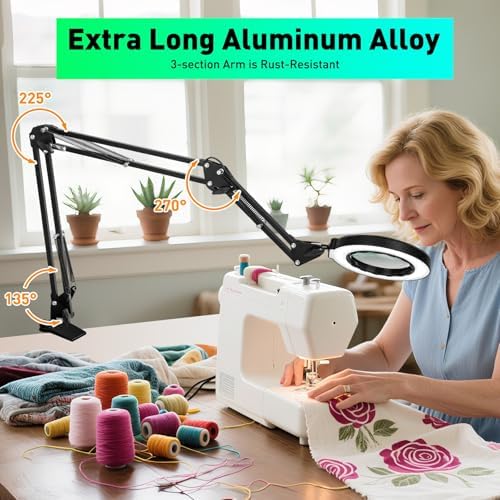 Ultra Long 3-Section Swing Arm 12X Magnifying Glass with Light and Stand, 5 Colors Helping Hands Magnifying Lamp, 4-Way Large Metal Clamp LED Lighted Magnifier Lamp for Craft Workbench Repair