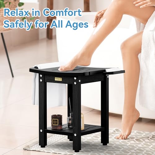 YEFU Shower Chair for Inside Shower: Waterproof/No Maintenance - Shower Stool with Shelf & Handle Weight 400 LBS - Use for Bathrooms/Outdoor - Non-Slip Easy Assemble Bench for Adult/Elderly/Black