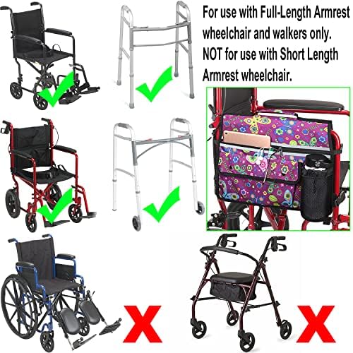 Wheelchair Storage Bag, Double-Sided Armrest Pouch with Cup Holder and Reflective Strip, for Wheelchairs and Walkers (Purple Butterfly)