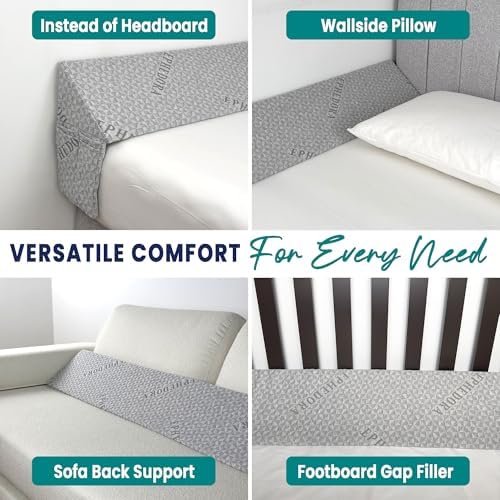 Bed Wedge Pillow for Headboard Gap Filler King Size - High Density Memory Foam Headboard Pillow Wedge Prevents Items Falling - Triangle Mattress Spacer with Pockets