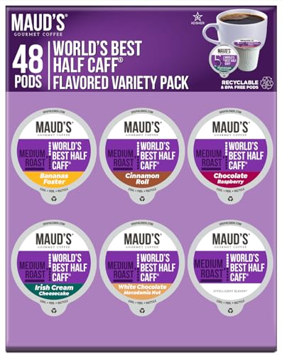 Maud's Half Caff Coffee Pods Variety Pack, 48 ct, 6 Assorted Flavors, Medium Roast Coffee in Recyclable Single Serve Pods â 100% Arabica Coffee, Compatible with Keurig K Cups Maker