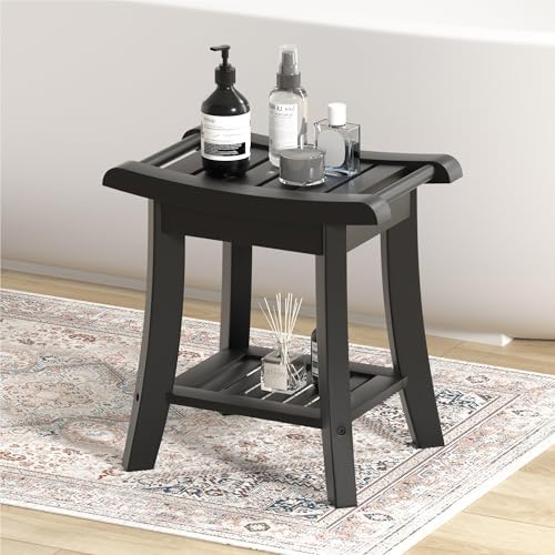 Bamboo Shower Bench Stool with Storage Shelf Small Shower Chair Seat for Inside Shower 16 x 10 x 17 Inches Black