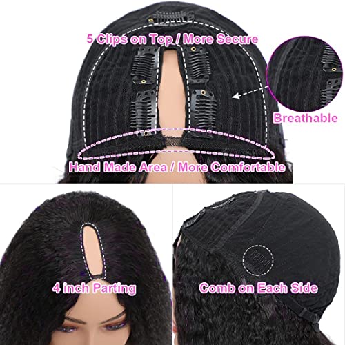 V Part Wig Human Hair Wigs for Black Women Kinky Straight V Part Wig 12A Virgin Hair Half Wigs for Women No Lace Upgrade U Part Human Hair Wigs Full Head Clip in Half Wig V Shape Wigs (18inch)