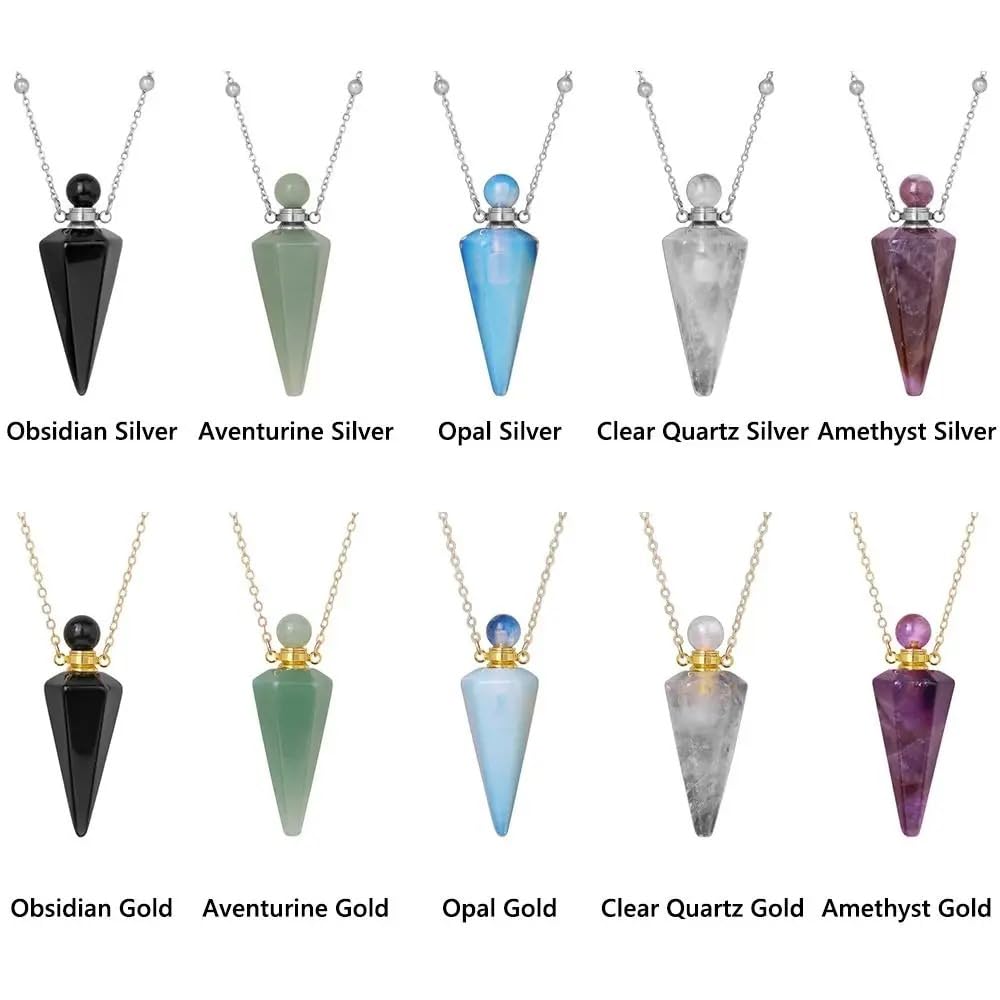 925 Sterling Silver Essential Oil Necklace For Women And Men, Natural Crystal Stone Cone Shape Pendant Necklace Healing Perfume Bottle Necklace Essential Oil Pendant Necklace (6 - Essential Oil Necklace)