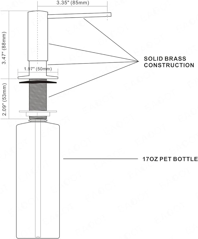 EADOT Brushed Nickel Built in Soap Dispenser for Kitchen Sink with 17 OZ PET Bottle Brass Pump Head Deck Mounted Dish Soap Dispenser