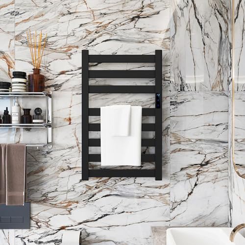 Sawlece Towel Warmers for Bathroom,Space Aluminum Wall Mounted Towel Warmer Rack, Heated Towel Rack for Bathroom,8 Bars Electric Towel Heater with Built-in Timer,Plug-in,Matte Black