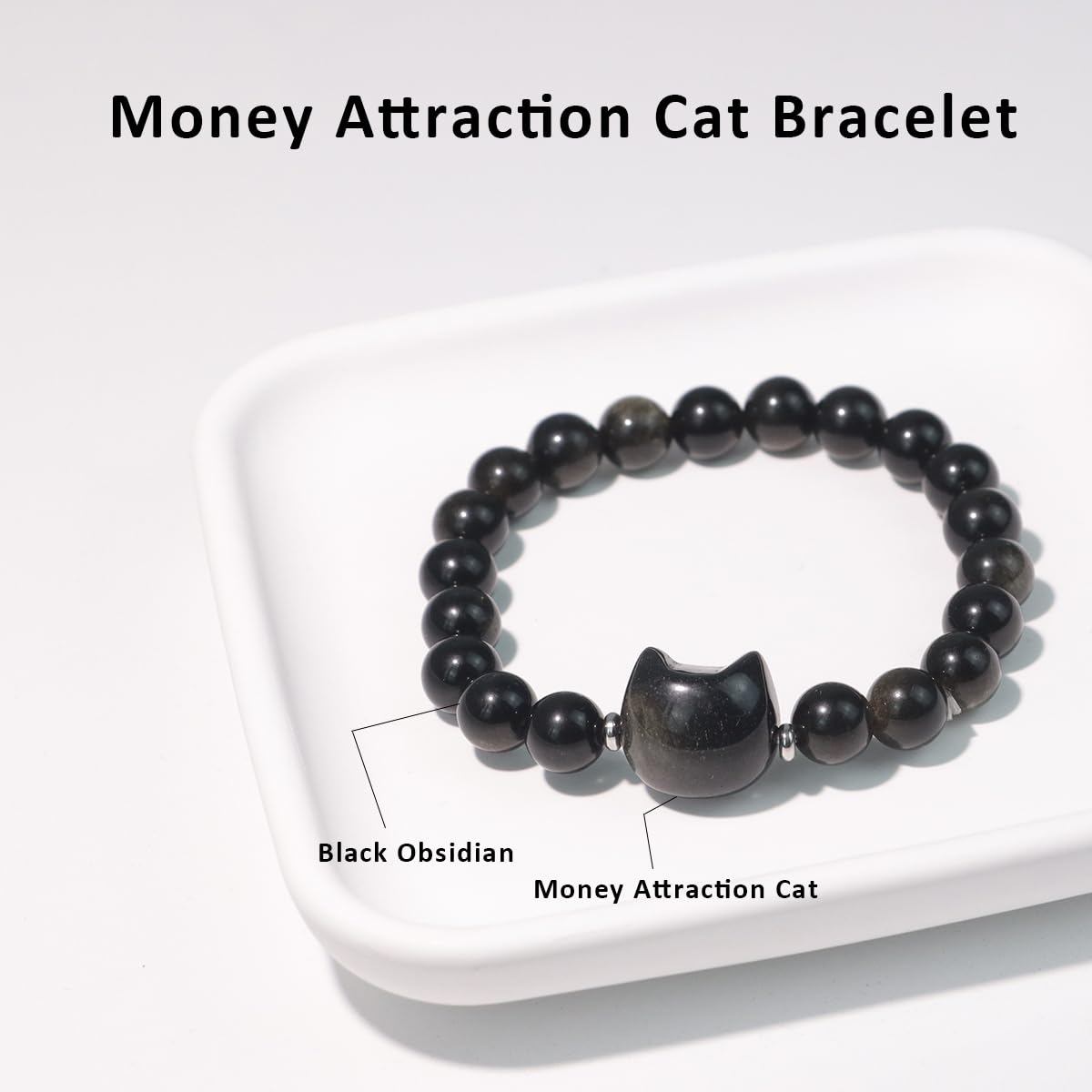 Beaded Bracelets for Women, Black Obsidian Money Attraction Bracelet, 8mm Healing Relax Anxiety Luck Crystal Bead Bracelets, Adjustable Jewelry Feng Shui Stretch Bracelet Cat Lover Gifts for Women Men