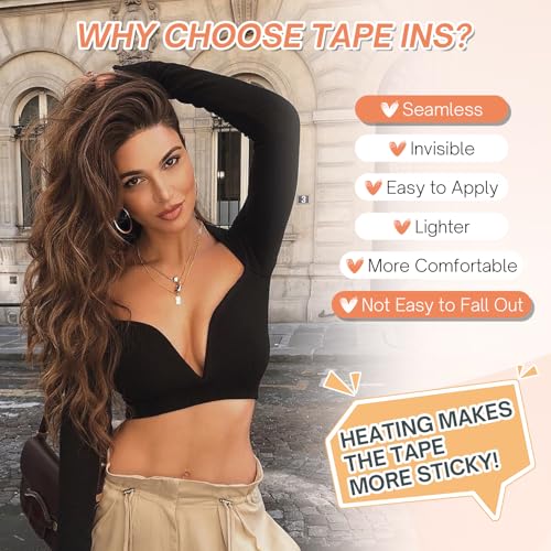 Benehair Tape in Human Hair Extensions, 20 inch Straight Invisible Tape Extensions Remy Blonde Hair Extensions 10pcs 20g Medium Brown Mix Dark Blonde 4p27