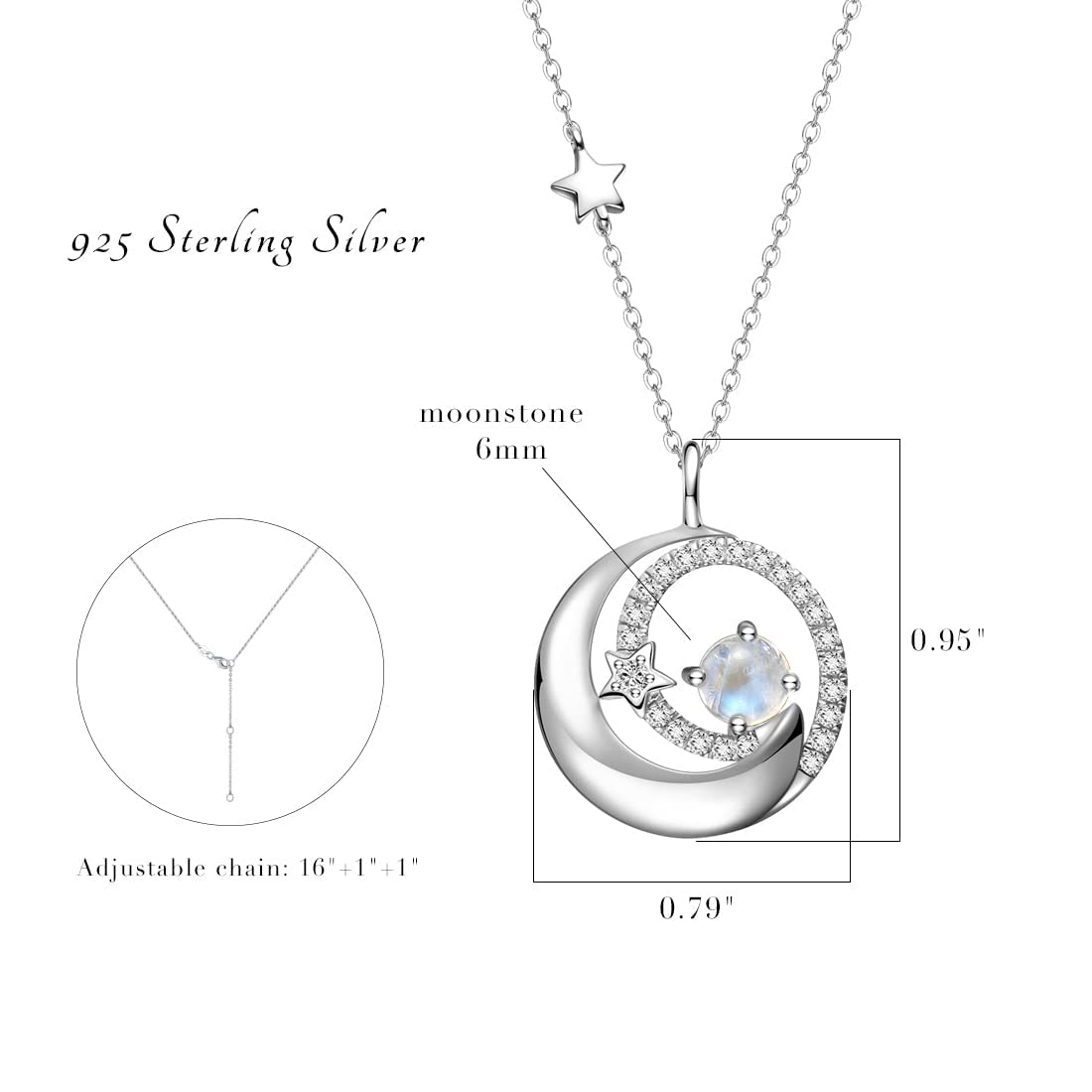 FANCIME Moonstone Necklace 925 Sterling Silver June Birthstone Moon Star Pendant Fine Jewelry Birthday Anniversary Mothers Day Gifts for Mom Women, Adjustable Chain 16"+2"