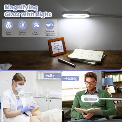 Drdefi 10X Rectangular Magnifying Glass with Light and Stand, 24" Flexible Gooseneck Floor Lamp, 5 Color Modes Stepless Dimmable, 3-in-1 LED Lighted Magnifier Light Hands Free for Reading Craft-White