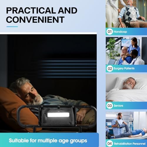 Bed Rails for Elderly Adults Safety, Adjustable Bed Assist Rails, Safety Bed Handle with Leg & Motion Light, Foldable Bed Rails for Seniors, Surgery Patients & Handicap