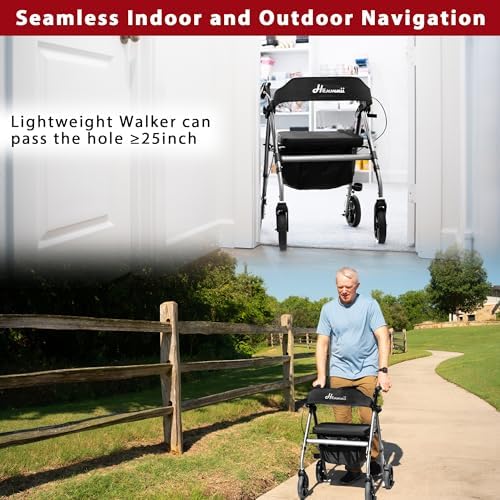 Walker for Seniors, Lightweight Rollator Walker with seat, Foldable Rolling Walker with 8 inch All Terrain Rubber Wheels, Ergonomic Adjustable Handles and Backrest for Seniors and Adult.