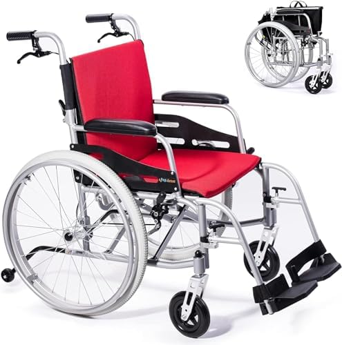 Magnesium Lightweight Wheelchair - 21lbs Self Propelled Chair with Travel Bag & Cushion, Folding 17.5â W Seat, Park & Brake Anti Tipper, Swing Away Footrests, Ultra Light, Red+Black