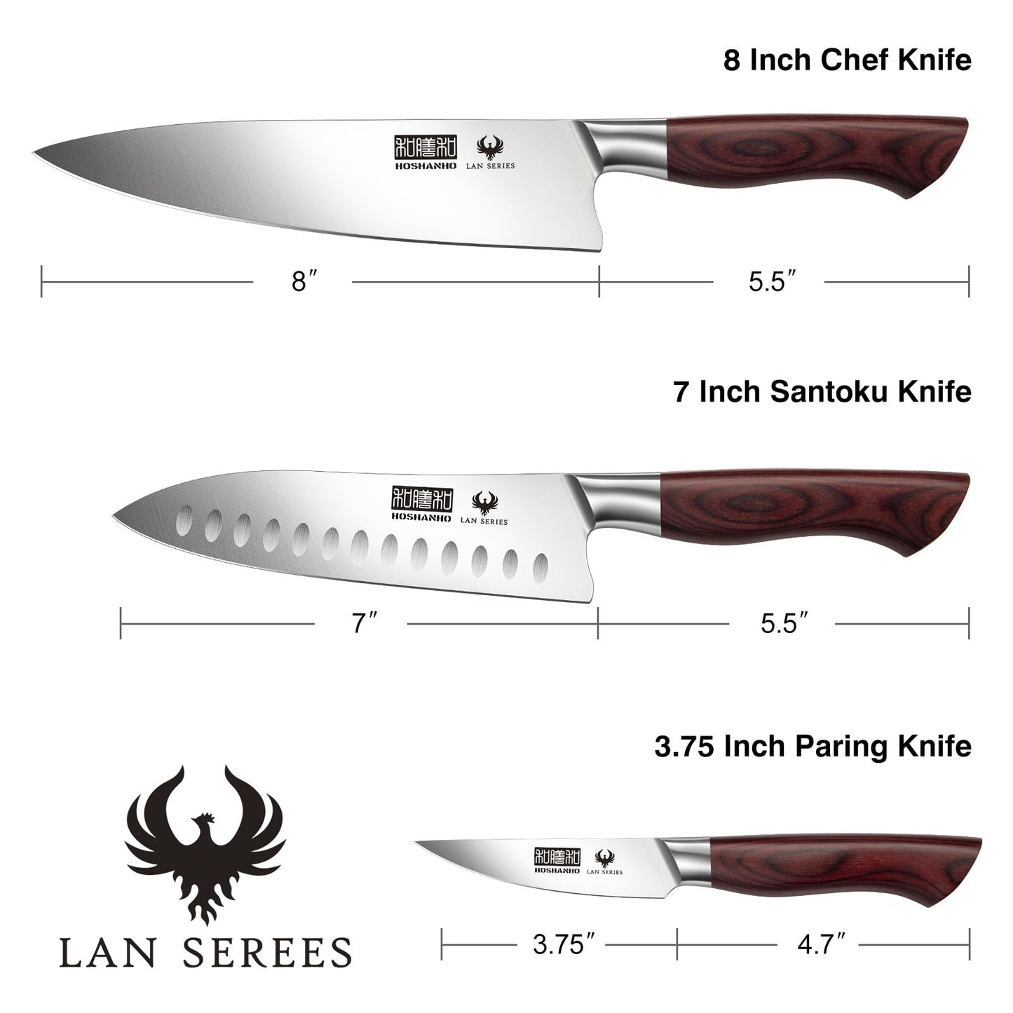 HOSHANHO 3-Piece Kitchen Knife Set, Ultra Sharp Chef/Santoku/Paring Knives,Professional High Carbon Steel Knives with Ergonomic Handle, Ideal Cooking Gift Set