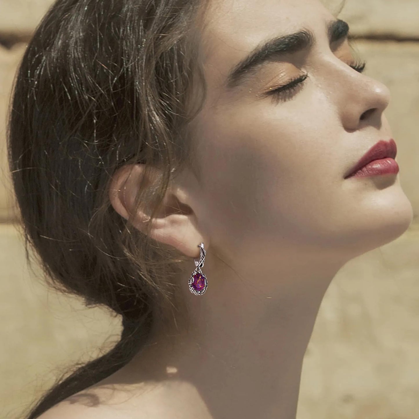 Phyonio Oval Purple Turquoise Dangle Earrings for Women Leaf Vine Flower Latch Back 925 Sterling Silver Earring Vintage Oxidised Bohemian Valentines Day Gift for Wife
