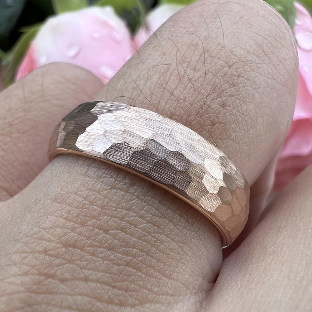 TUTISS 6mm Rose Gold Hammered Tungsten Rings for Men Women Engagement Wedding Bands Domed I Love You Engraved Comfort Fit Size 5