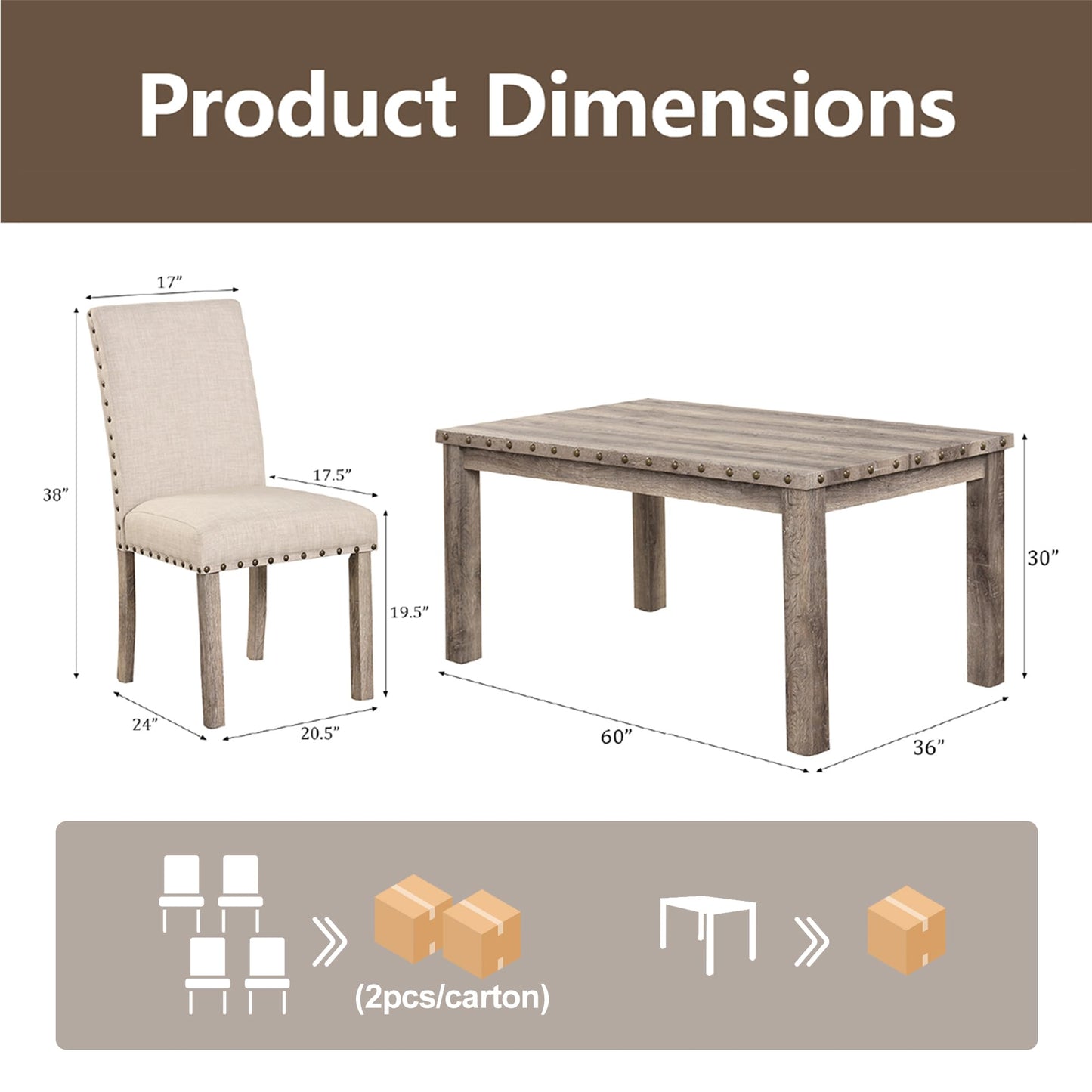 Morden Fort Farmhouse Dining Set for 4, 60" Rectangular Wooden Table & 4 Upholstered Chairs with Nailhead Accents, 5-Piece Kitchen Table Set for Dining Room, Breakfast Nook, Antique Rustic