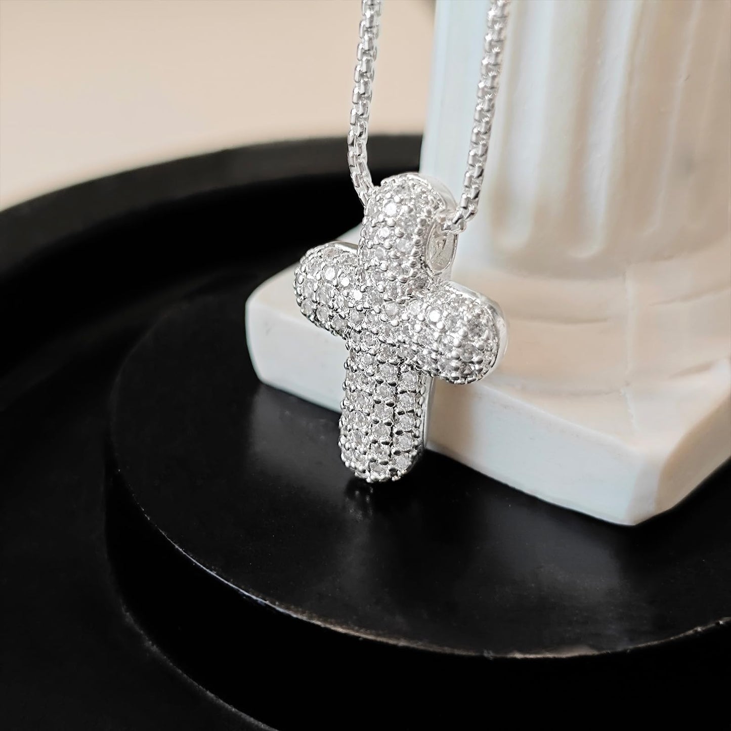 OGD Cross Necklace for Women 925 Silver Plated Dainty Cross Chain Pendant Trendy CZ Diamond Crucifix Charm Bubble Necklace Non Tarnish Hypoallergenic Faith Choker Religious Gifts for Women
