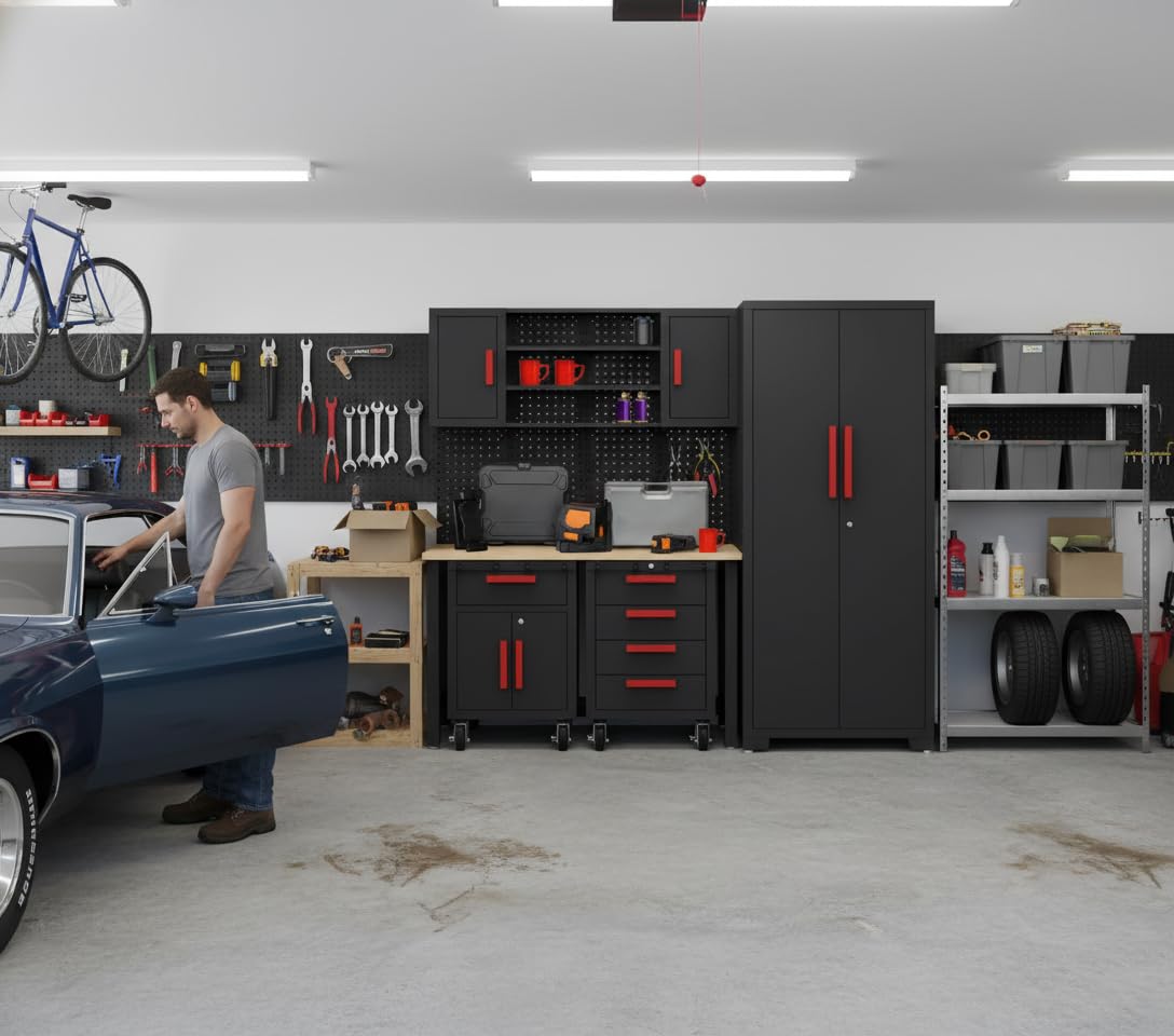 Tsnritor Garage Cabinets Storage System, 6PCS Workshop Set with Steel Cabinet Drawers, Rolling Chest, Workbench, Pegboard for Tool Organization,Grey Red