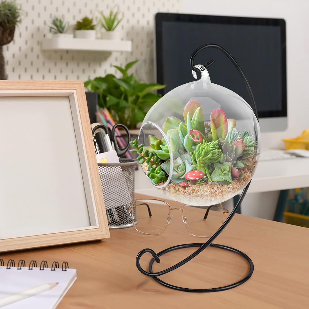 Air Plant Terrarium Kit with Stand, Hanging Glass VaseTerrarium Globe with Metal Ornament Display Stand Tabletop Glass Terrarium for Air Plants Small Plants