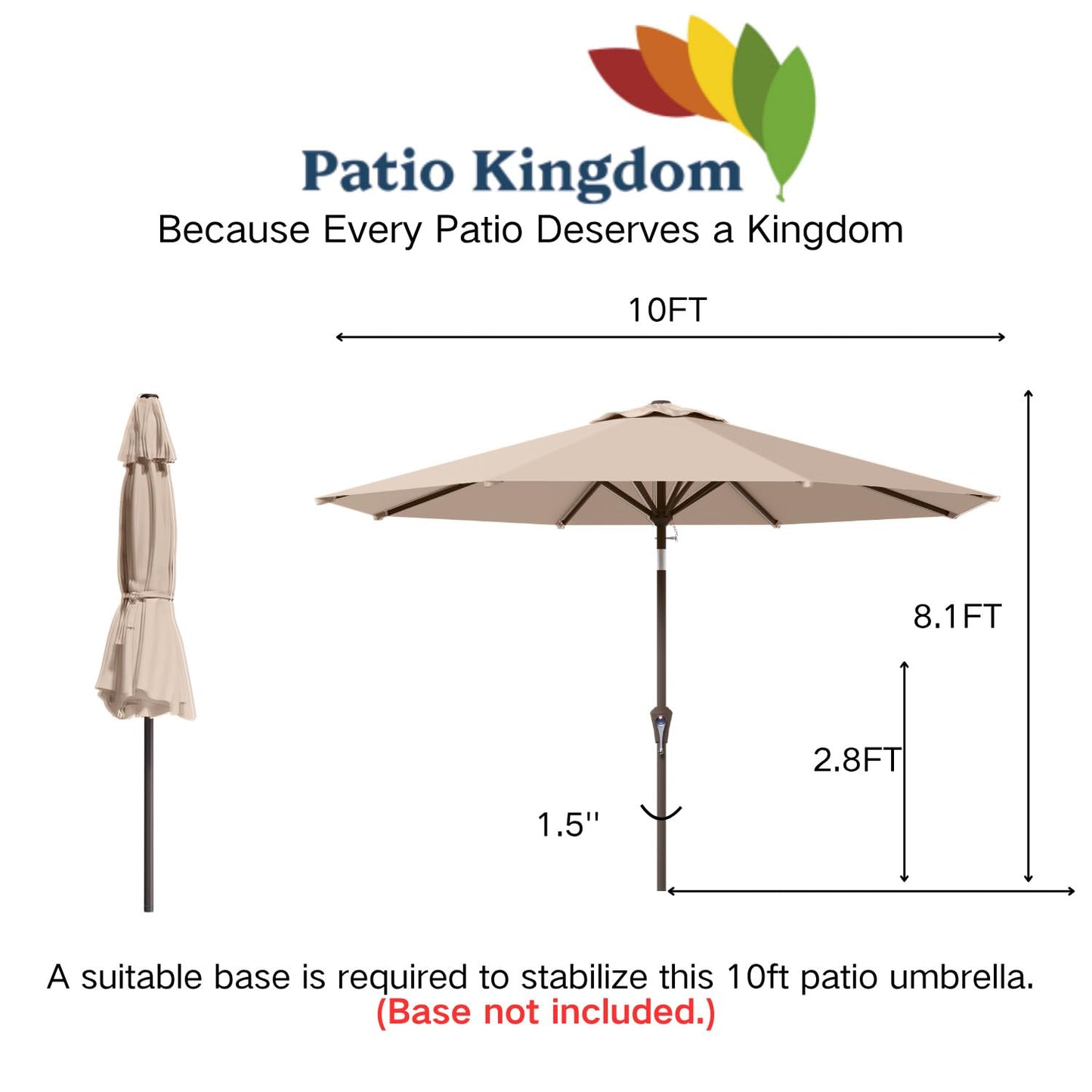 Patio Kingdom 10FT Patio Umbrella Outdoor Market Umbrella with Crank and Tilt, 8 Flexible Fiberglass Ribs, UV-Resistant Waterproof Canopy for Patio, Deck, Garden, Backyard, Beige