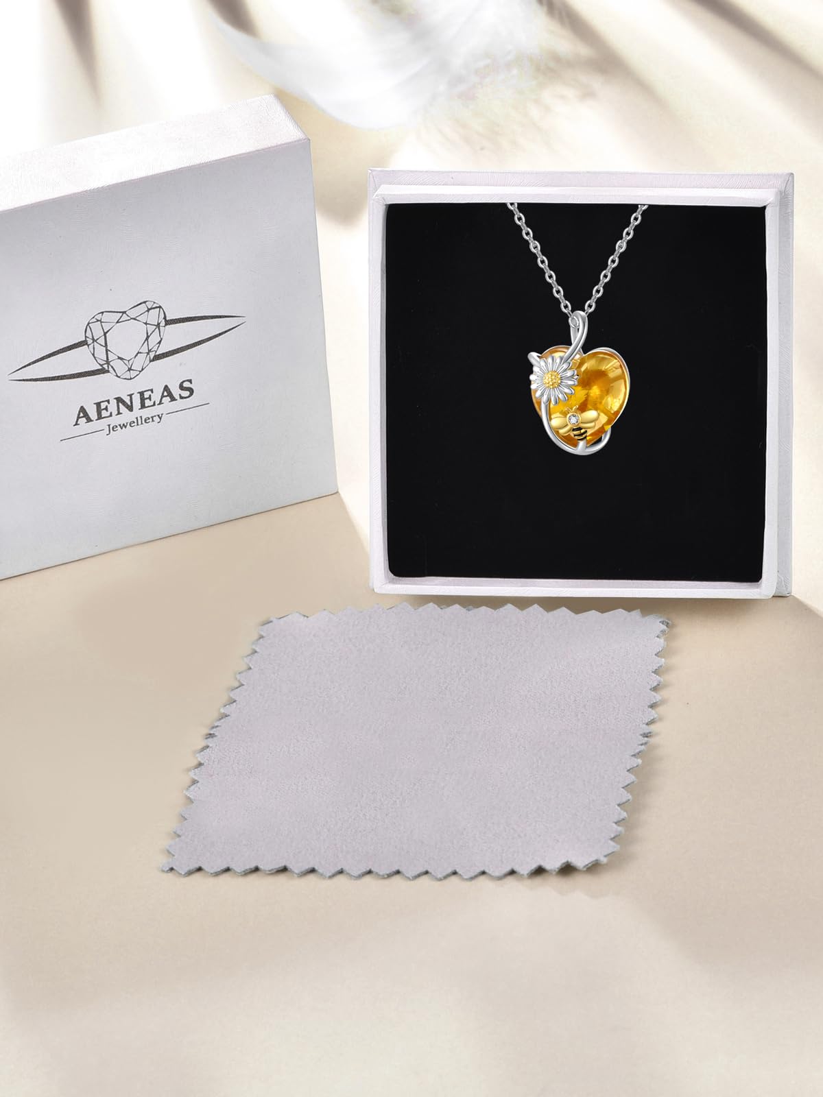 AENEAS Valentines Day Gifts for Women Her Bee Necklace 925 Sterling Silver Daisy Honey Bee Pendant Necklace with Love Heart Citrine Crystal Jewelry for Birthday Christmas Anniversary